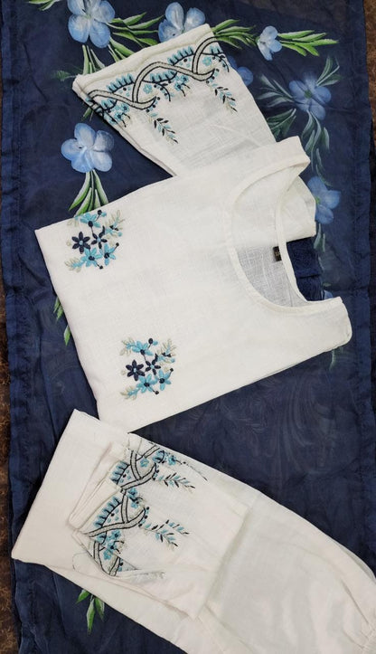 New white embroidered suit set with blue hand painted organza dupatta