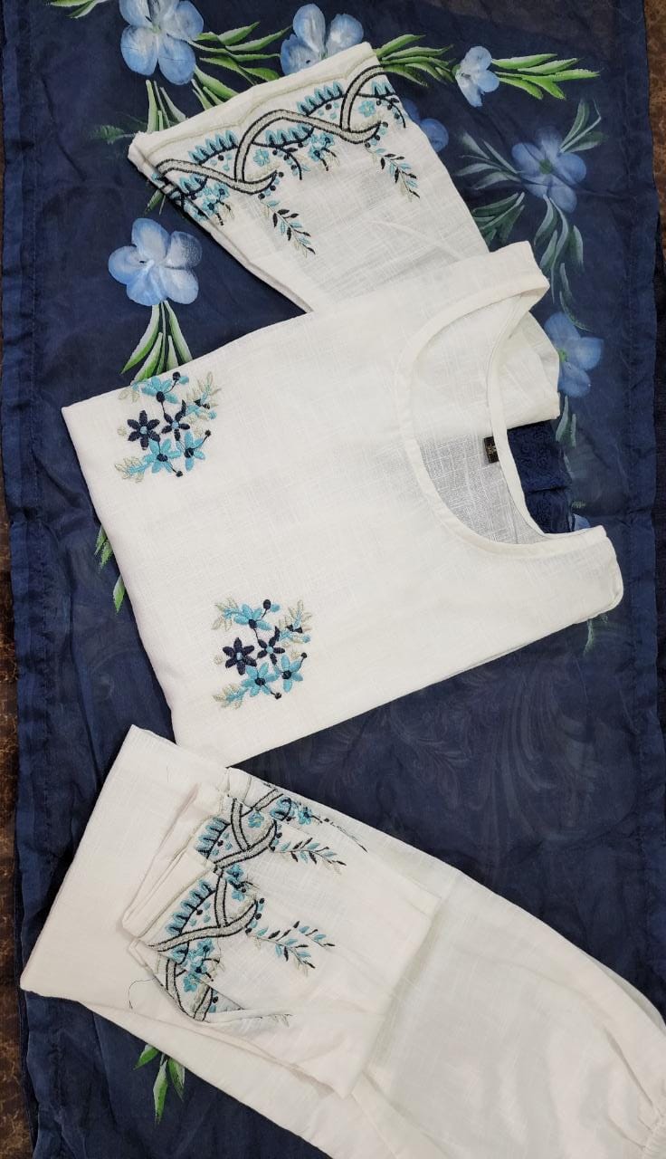 New white embroidered suit set with blue hand painted organza dupatta - Joshindia