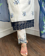 New white embroidered suit set with blue hand painted organza dupatta - Joshindia