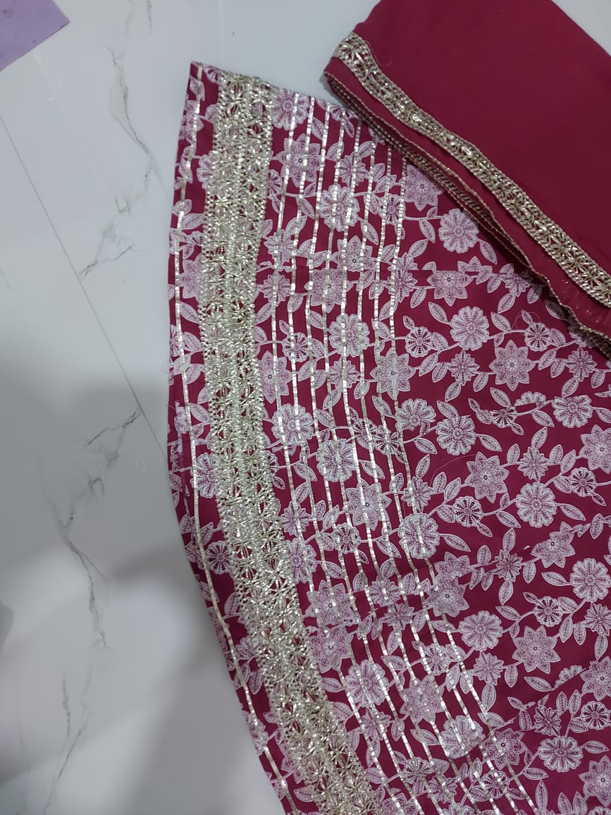 Wine Anarkali suit with beautiful gota lace handwork duppta and paint - Joshindia