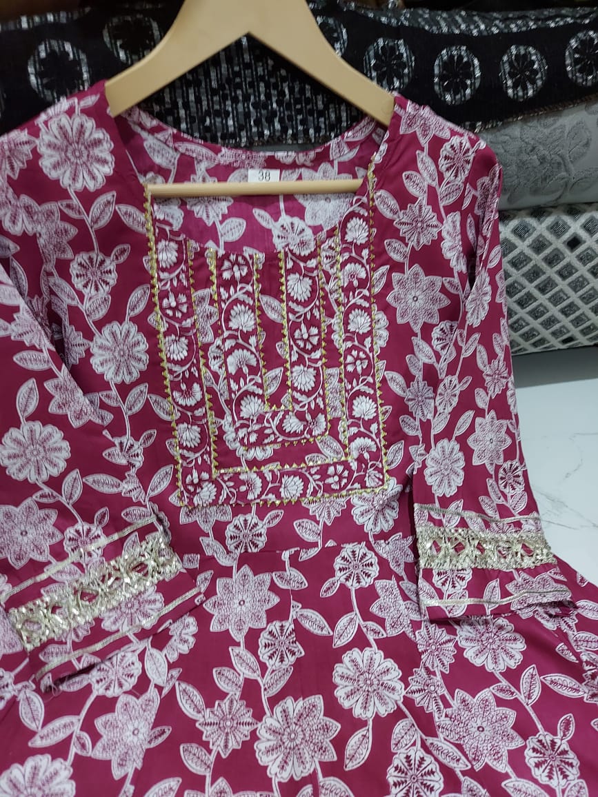 Wine Anarkali suit with beautiful gota lace handwork duppta and paint - Joshindia