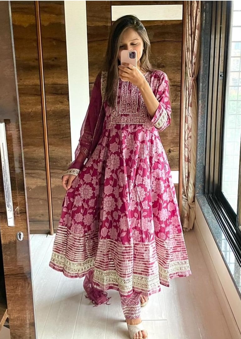 Wine Anarkali suit with beautiful gota lace handwork duppta and paint - Joshindia