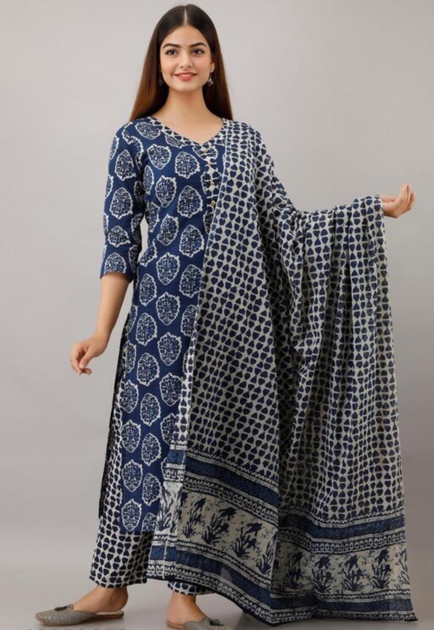 cotton Beautiful Indigo print Work kurti with Full Printed Pant & Duppatta - Joshindia