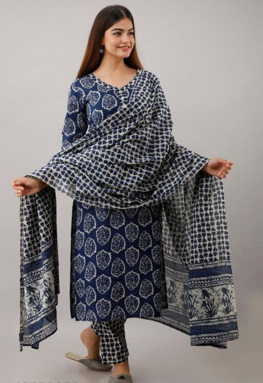 cotton Beautiful Indigo print Work kurti with Full Printed Pant & Duppatta