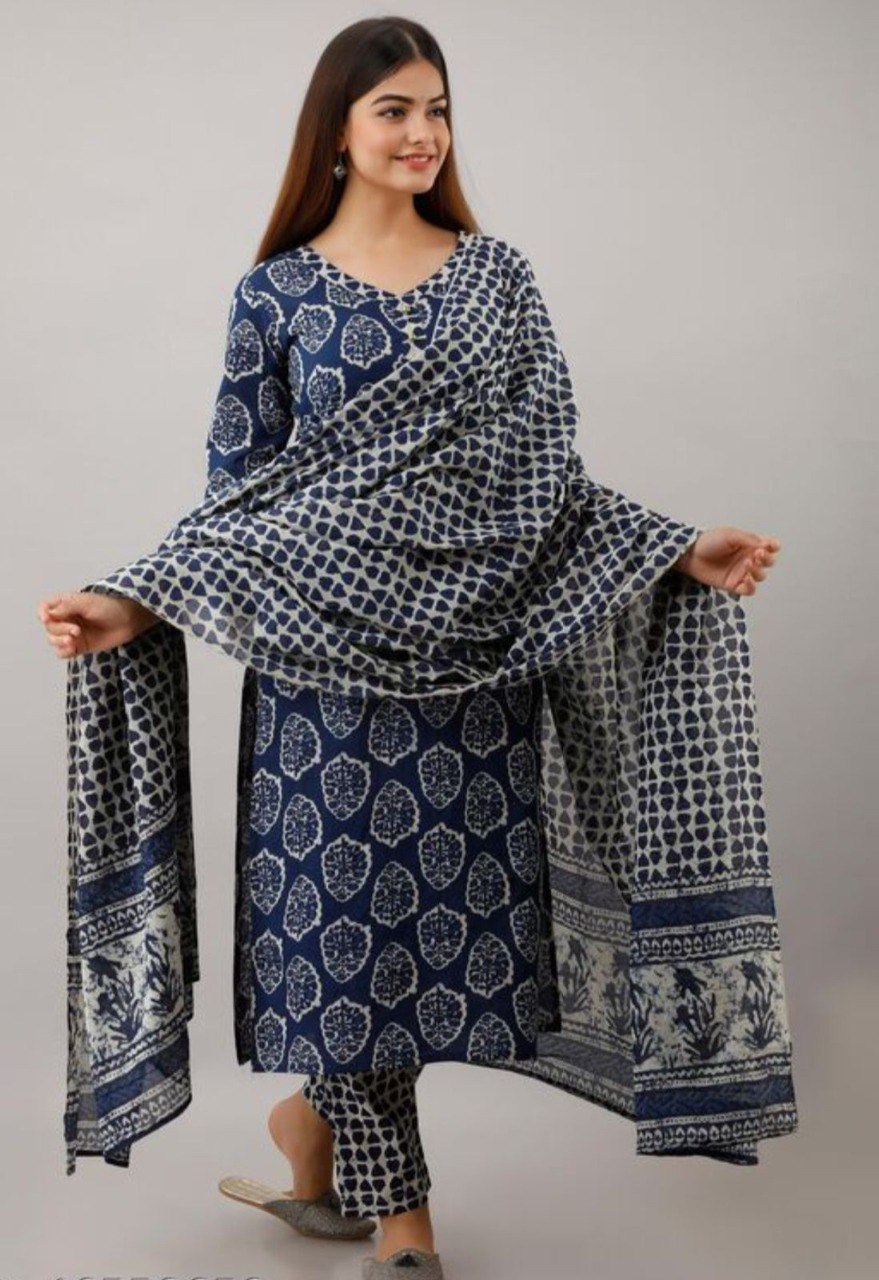 cotton Beautiful Indigo print Work kurti with Full Printed Pant & Duppatta - Joshindia