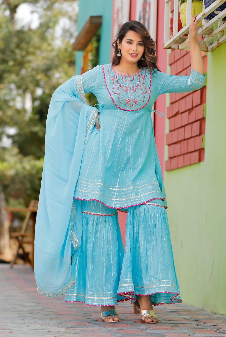 sky color beautiful sharara set buy now - Joshindia