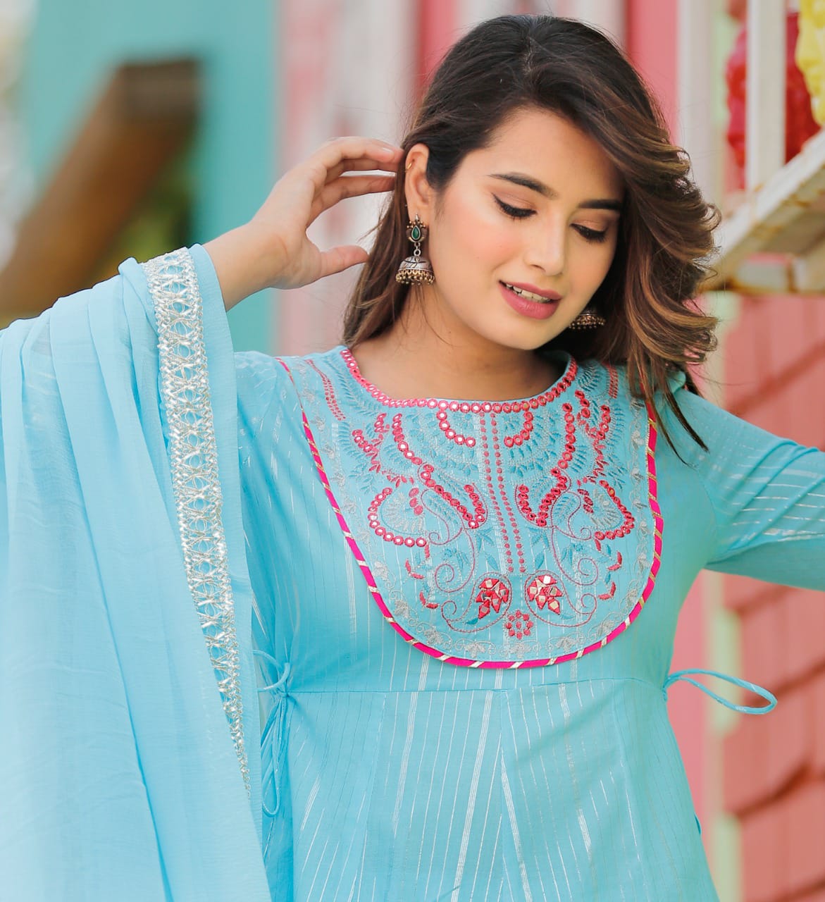 sky color beautiful sharara set buy now - Joshindia