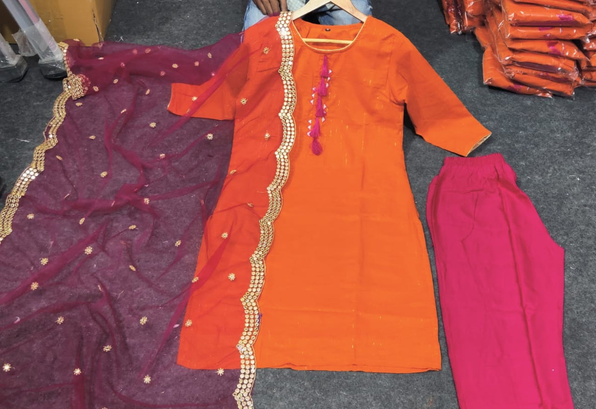 Orange and Pink color designer kurta set at affordable price buy now - Joshindia