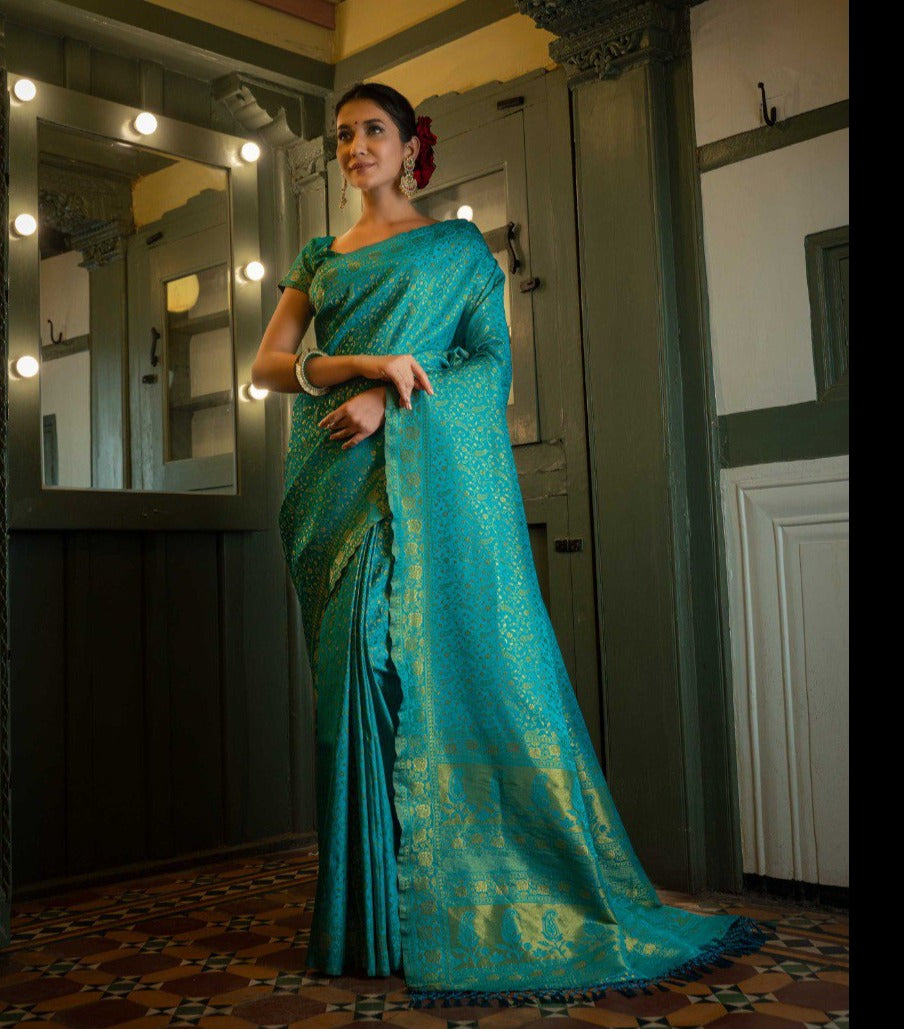 Turquoise Color Royal Banarasi Saree For Wedding