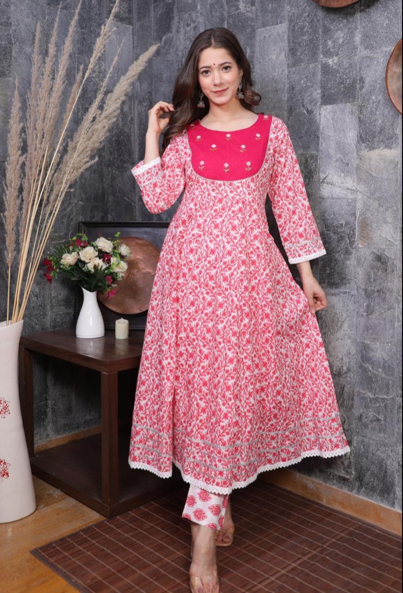 BEAUTIFULL COTTON ANARKALI KURTI PANT WITH DUPATTA - Joshindia
