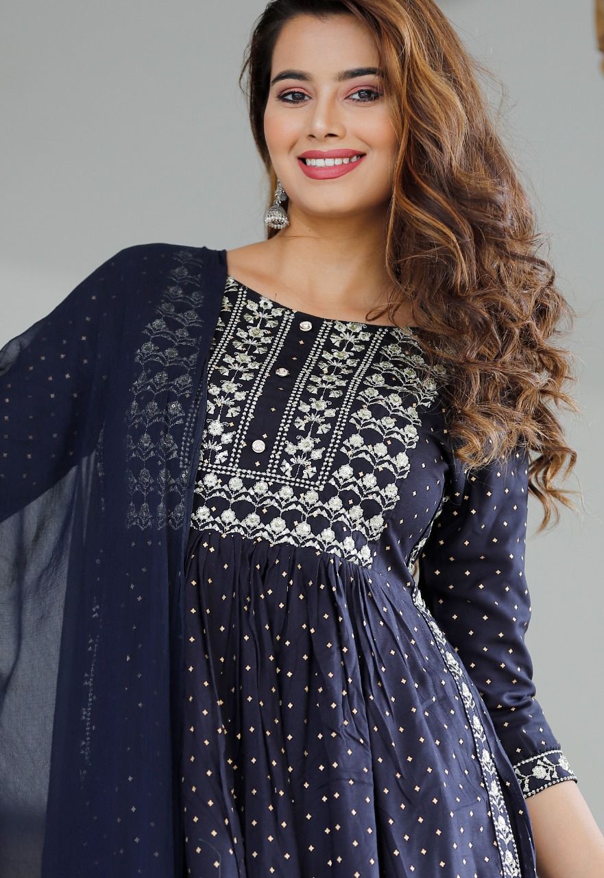 Beautiful Sequence Zari Computer Embroidered work With Kurti With Pant And Chifon Dupatta - Joshindia