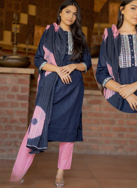 Blue and Pink Cotton Embroidered Kurti With Pant