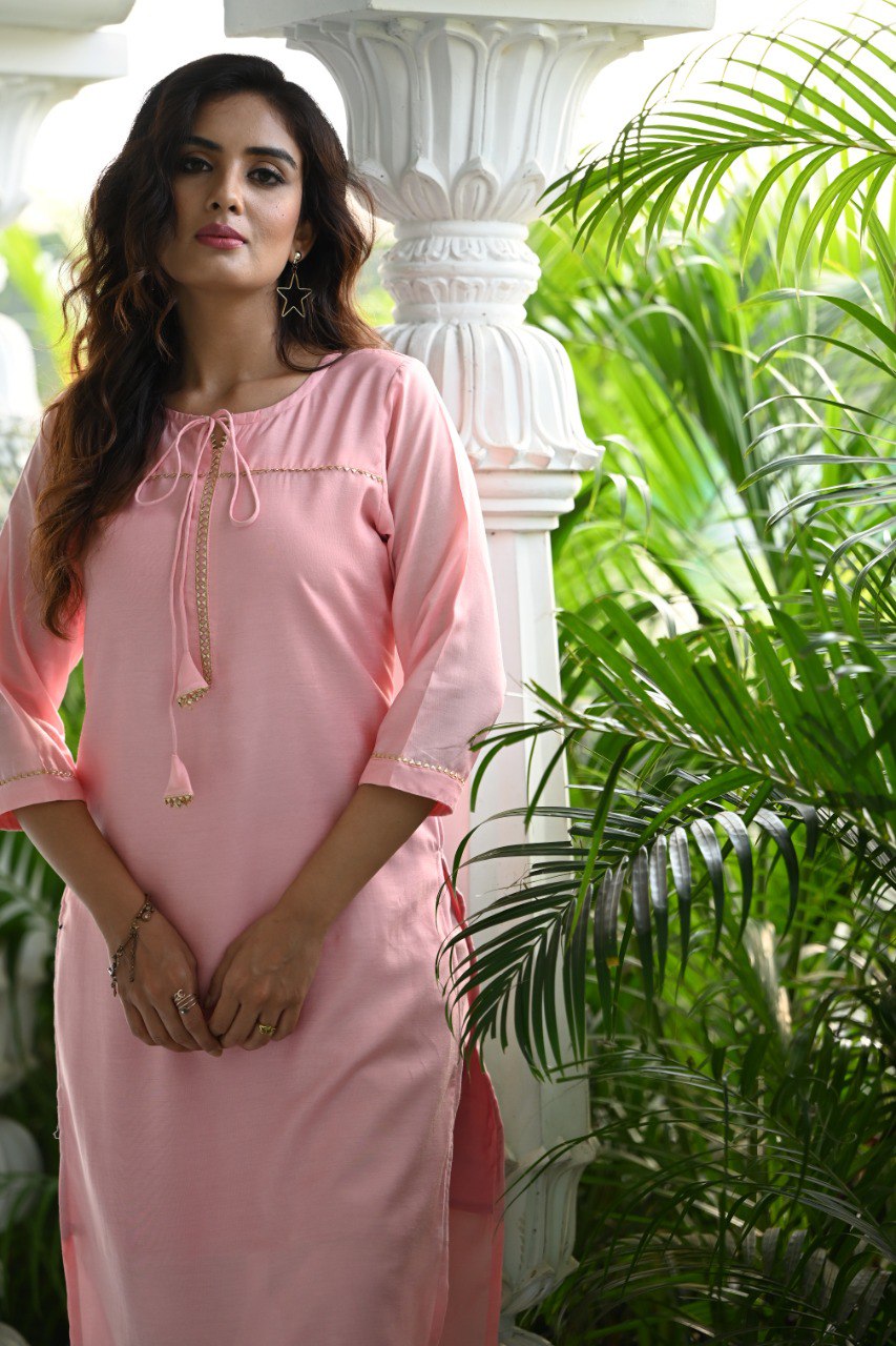 Latest Pink Embroidered Kurti With Pant & Dupatta