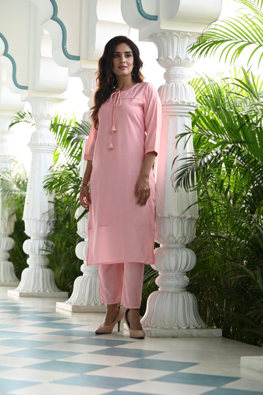 Latest Pink Embroidered Kurti With Pant & Dupatta