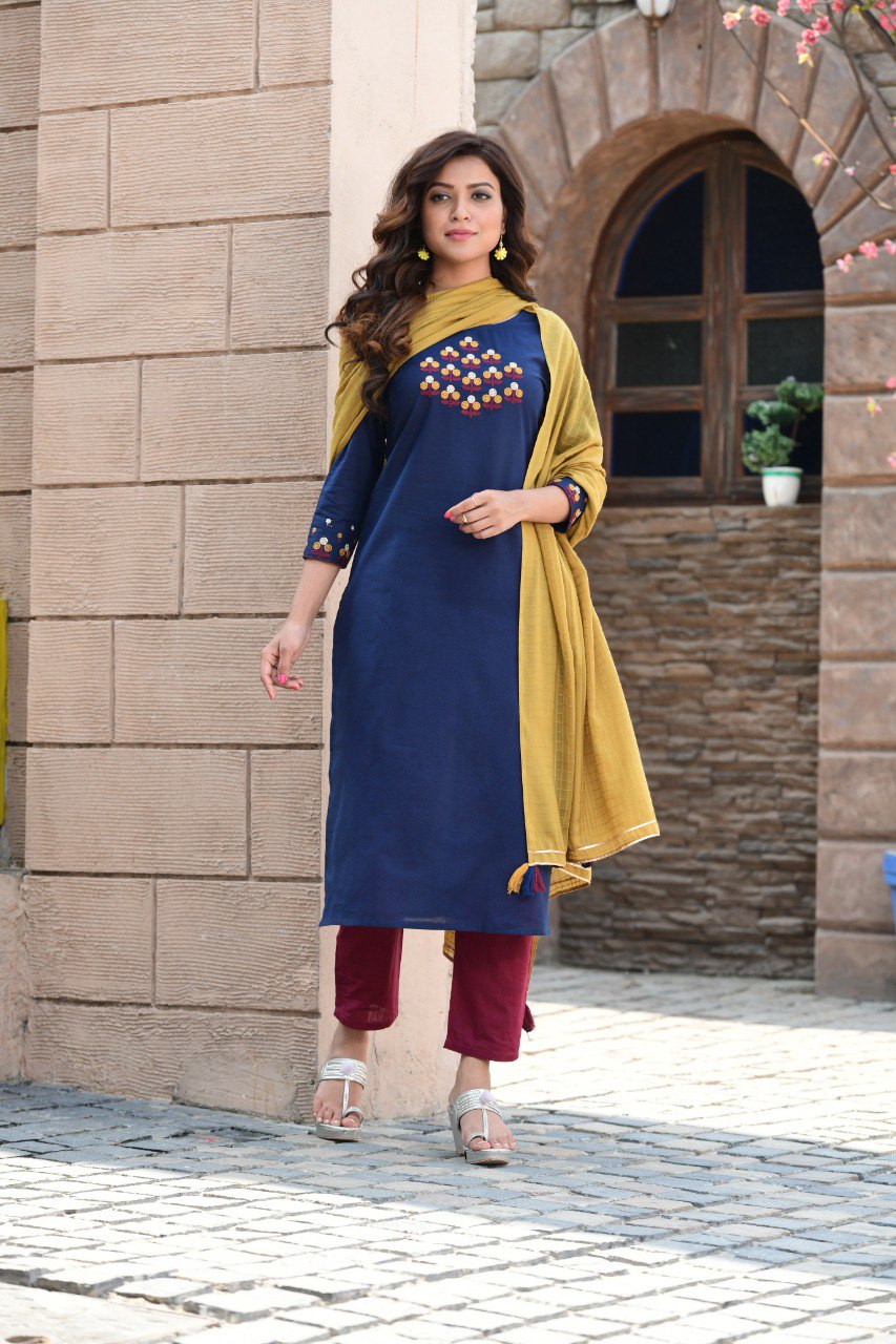 New Latest Cotton Embroidered Kurti With Pant & Dupatta