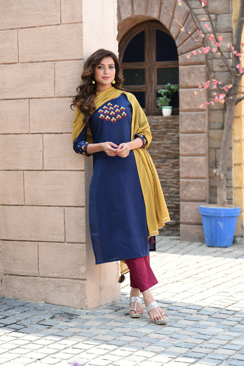 New Latest Cotton Embroidered Kurti With Pant & Dupatta - Joshindia