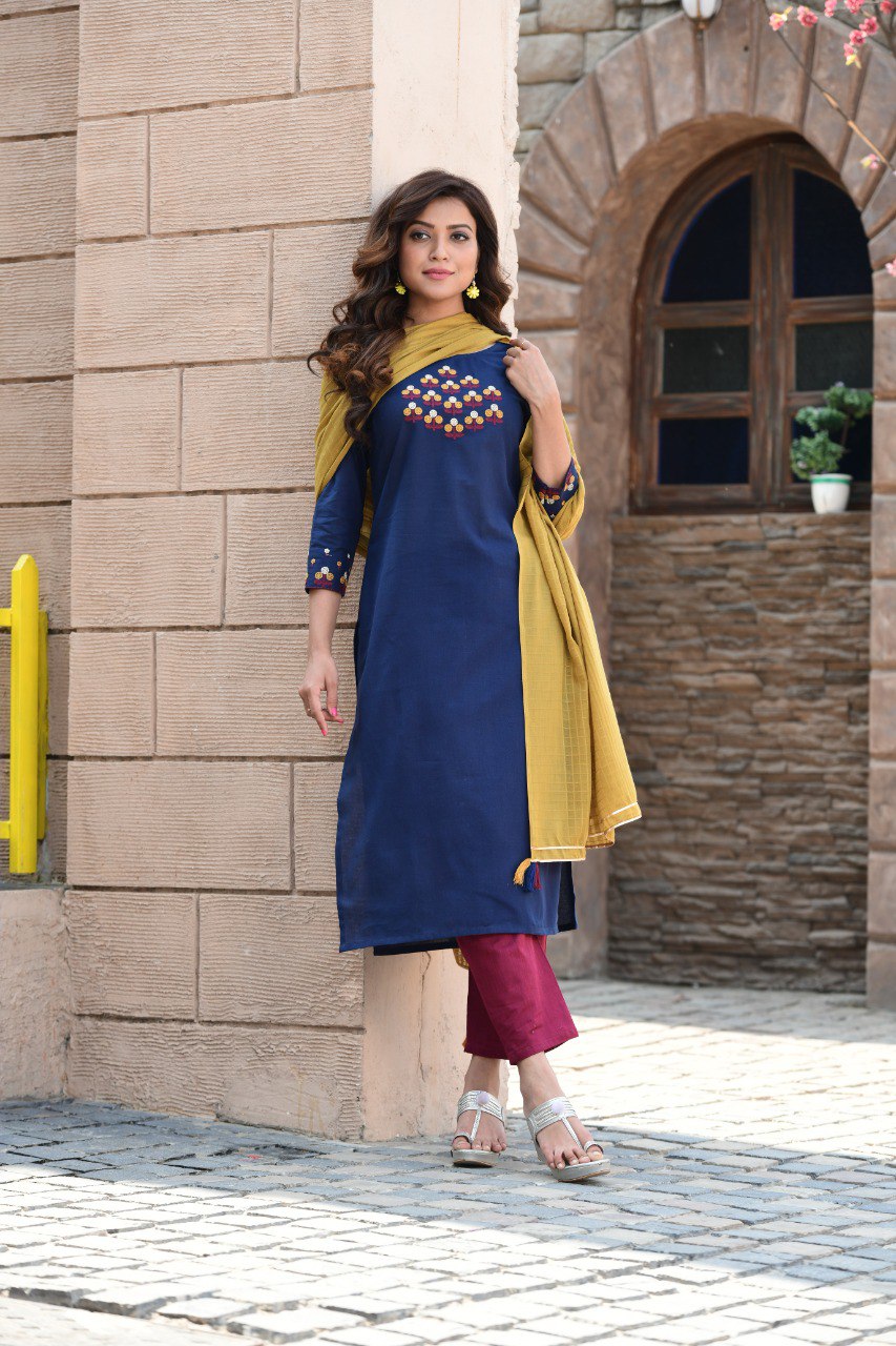 New Latest Cotton Embroidered Kurti With Pant & Dupatta - Joshindia
