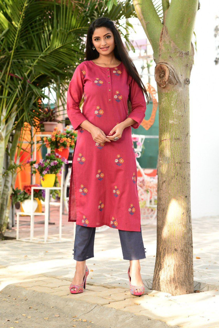 Amazing Round Neck Embroidered Cotton Kurta - Joshindia