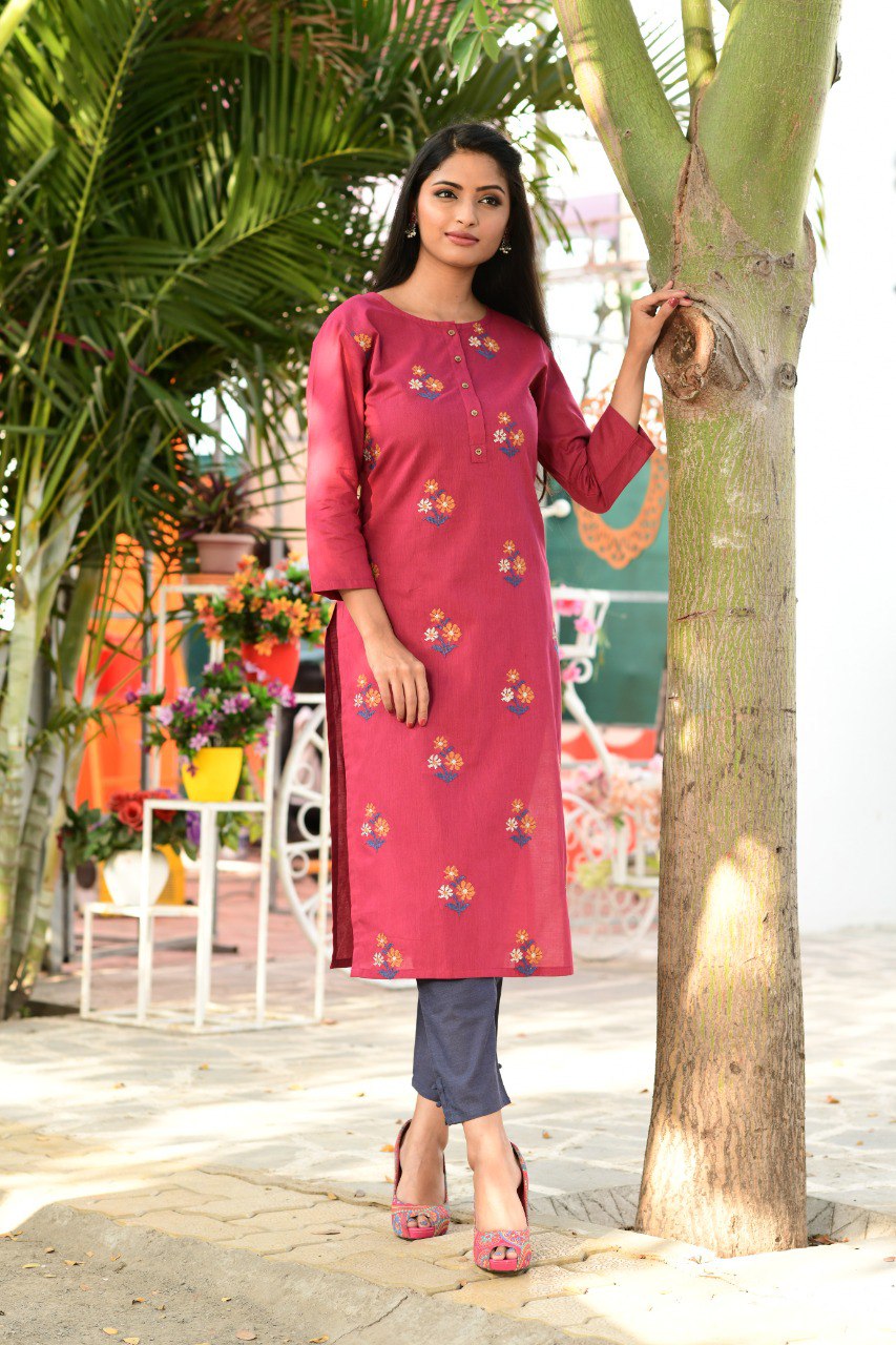 Amazing Round Neck Embroidered Cotton Kurta - Joshindia