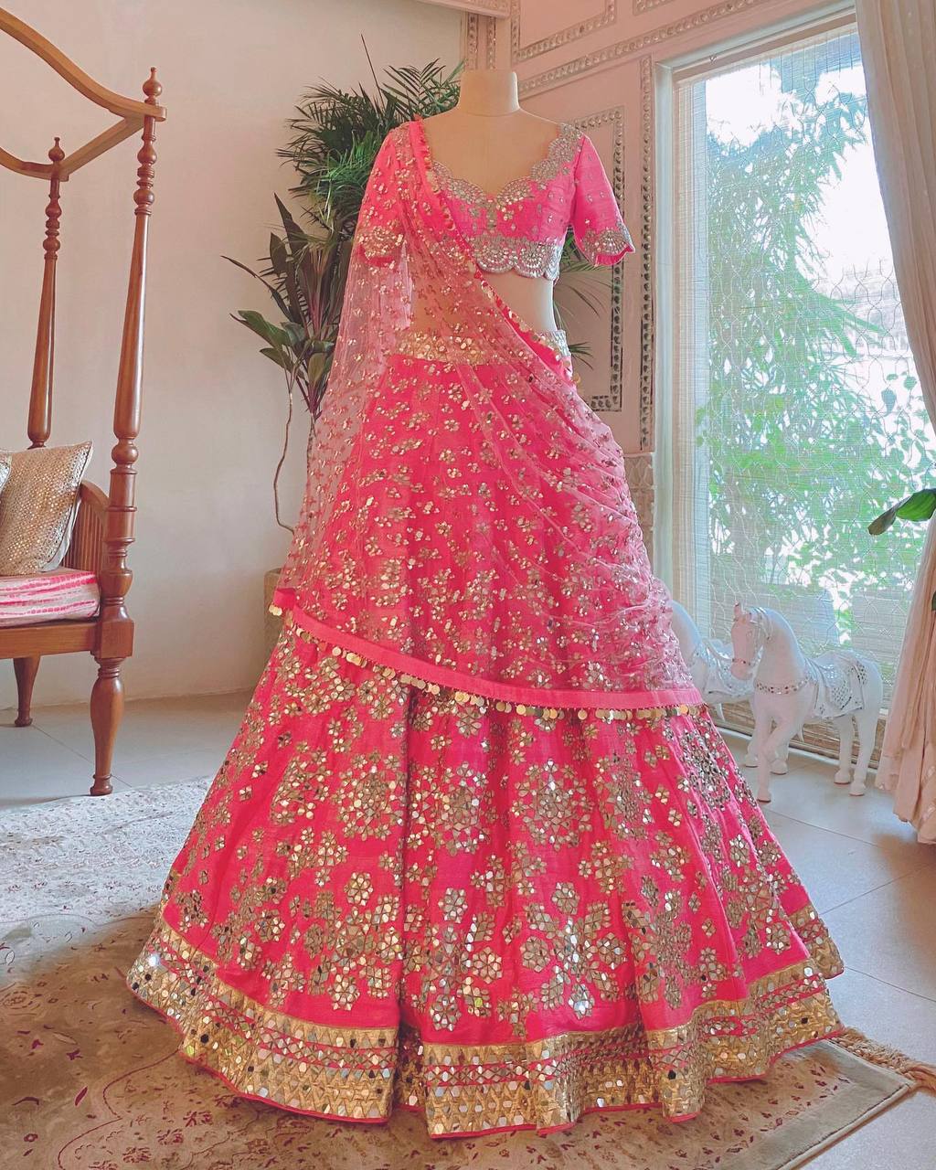 pink color mirror work lehenga choli at affordable price - Joshindia