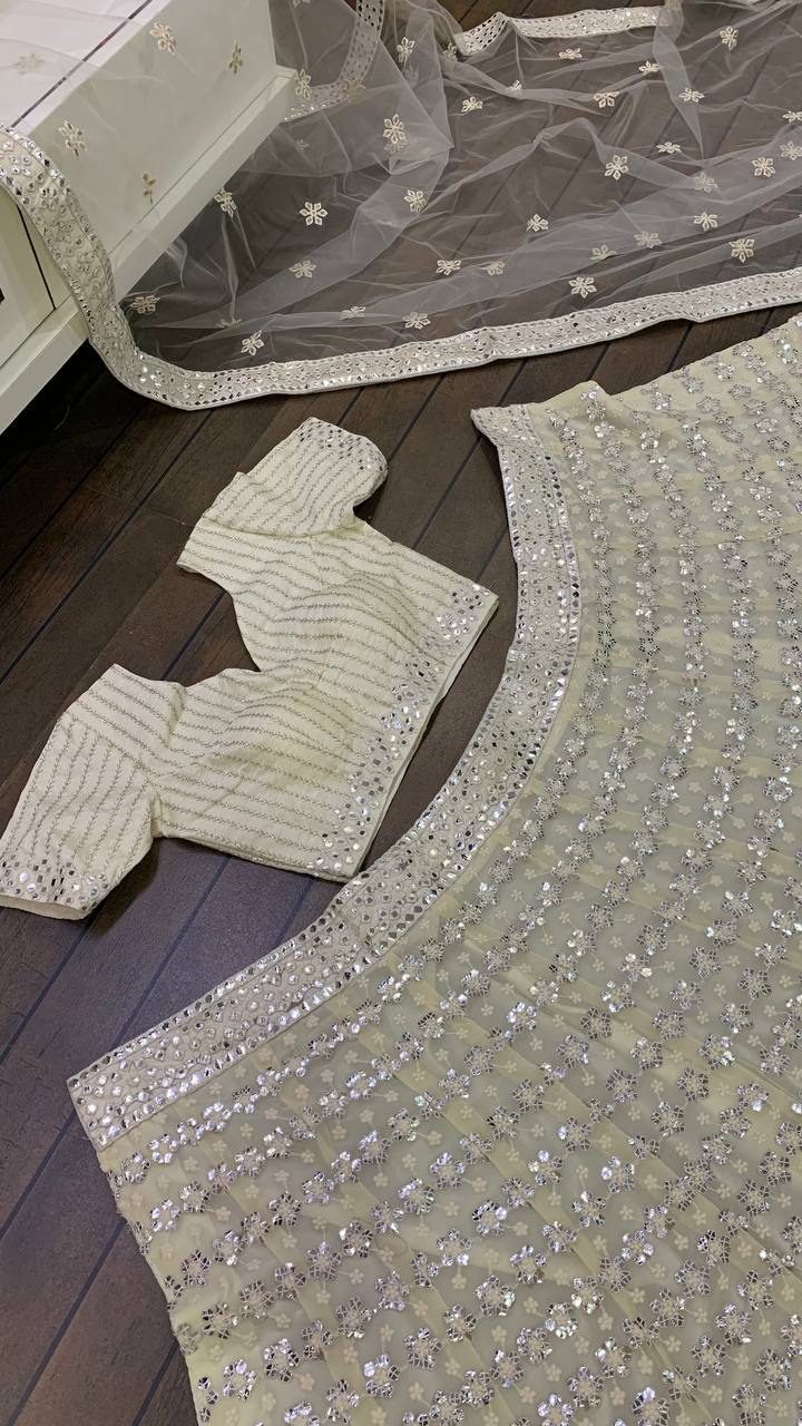 Latest White Color Mirror Work Lehenga Choli At Affordable Price - Joshindia