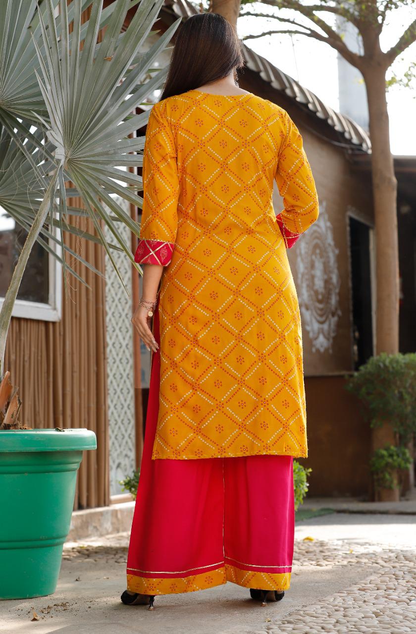 Trendy Style Kurti PalazzoWith Bandhani Print - Joshindia