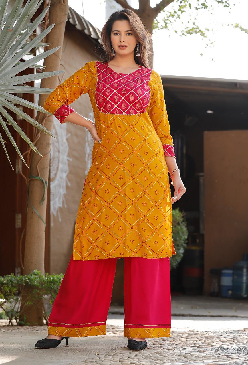 Trendy Style Kurti PalazzoWith Bandhani Print - Joshindia