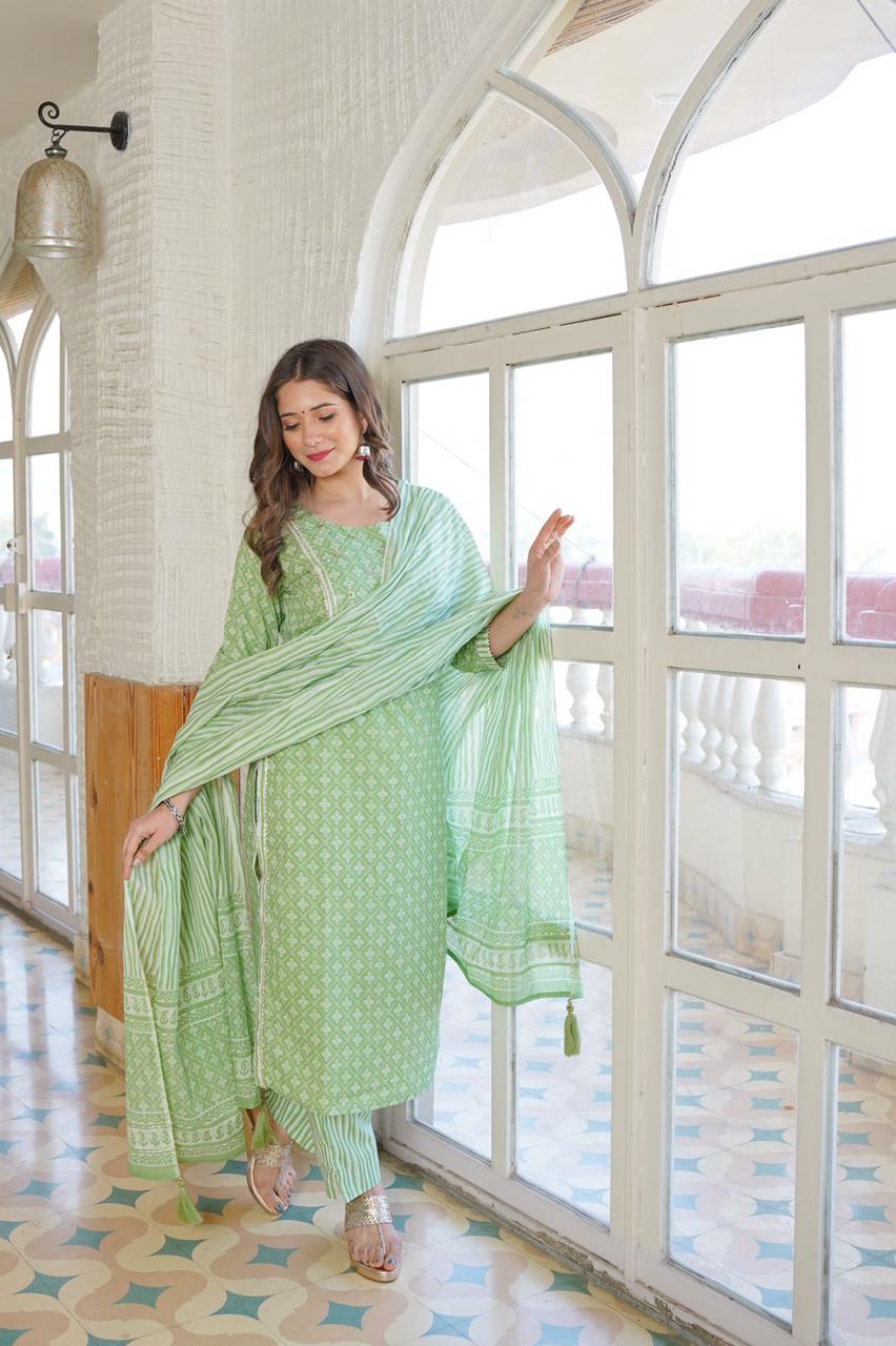 Latest Beautiful cotton printed kurti with pant , duptta - Joshindia