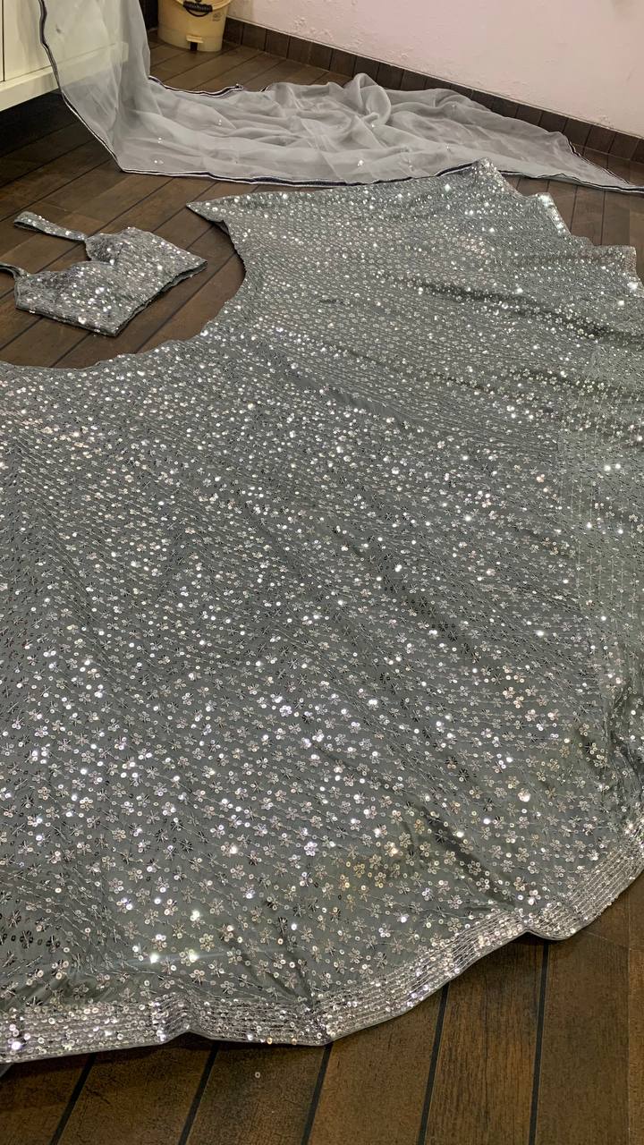 grey color designer sequence work lehenga choli - Joshindia