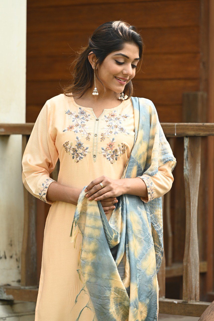 Muslin Embroidered Kurti With Pant & Dupatta - Joshindia