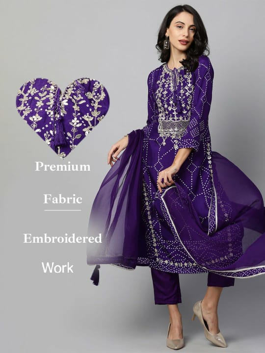 Zardosi Work And Bandhani Print Kurta With Pant - Joshindia