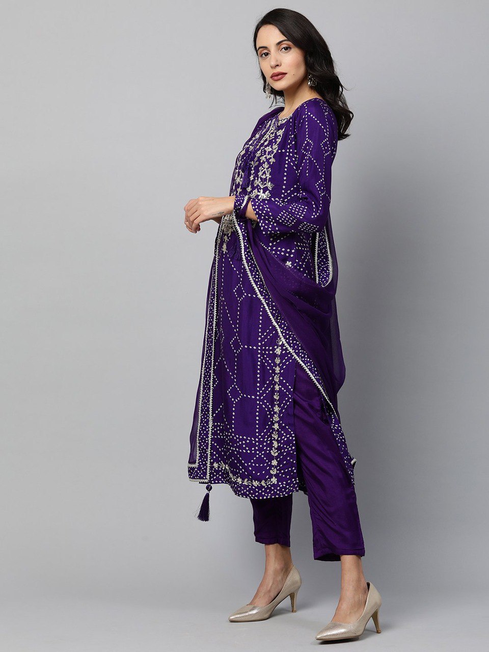 Zardosi Work And Bandhani Print Kurta With Pant - Joshindia