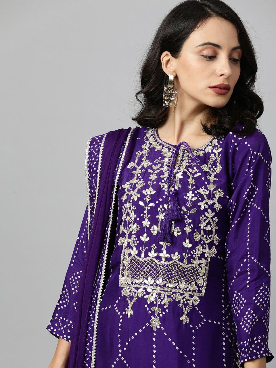 Zardosi Work And Bandhani Print Kurta With Pant - Joshindia