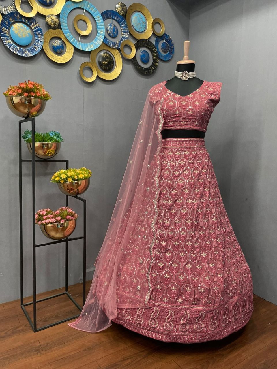 Dusty Pink color designer embroidery sequence work lehenga choli - Joshindia