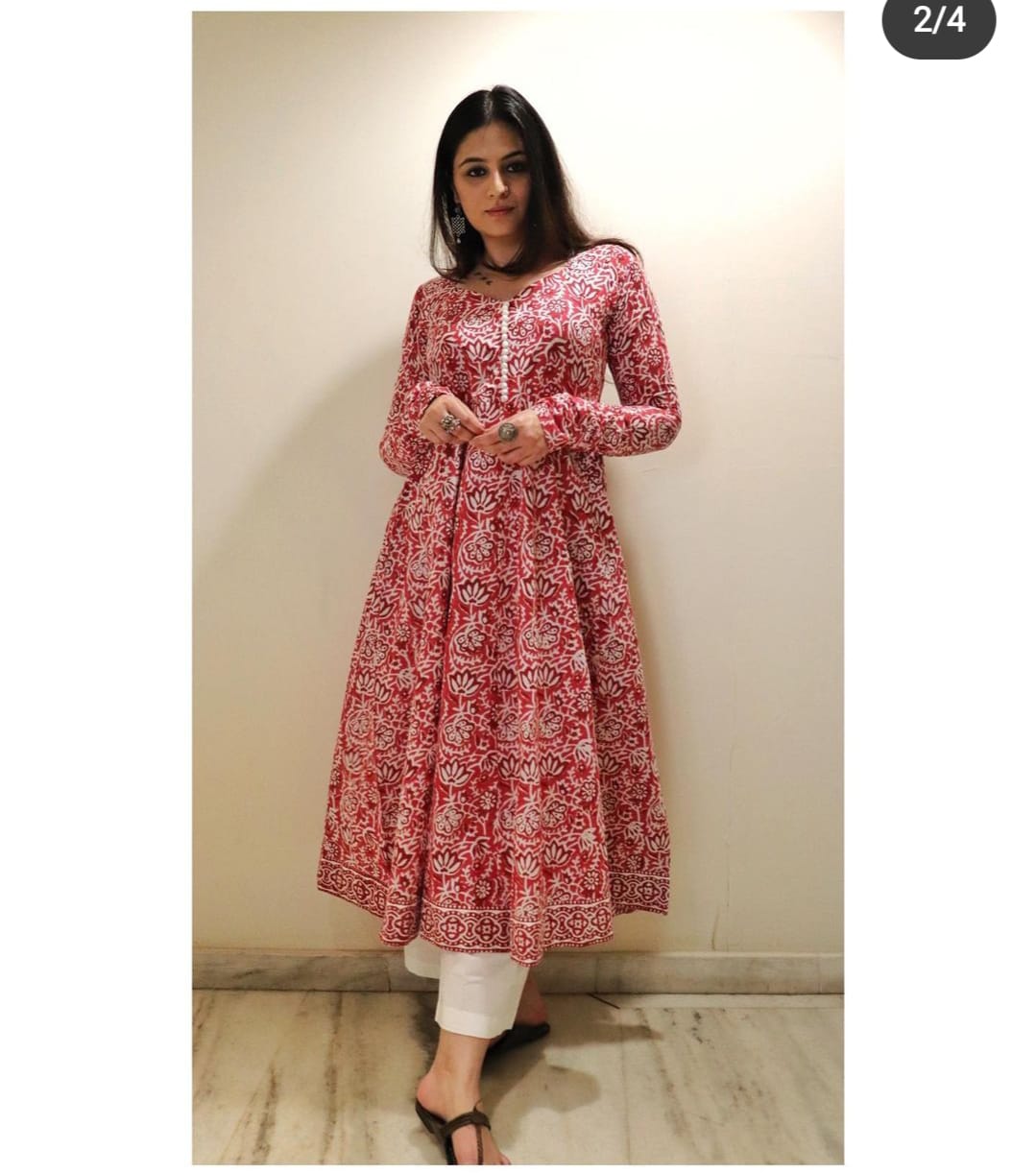 NEW LAUNCHBEAUTIFUL HEAVY COTTON ANARKALI KURTI WITH PANT MAL MAL DUPATTA - Joshindia