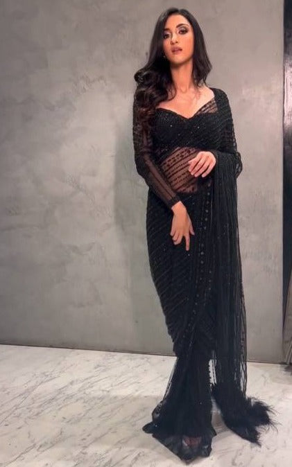 Black Heavy Designer Saree With Sequence and thread work - Joshindia
