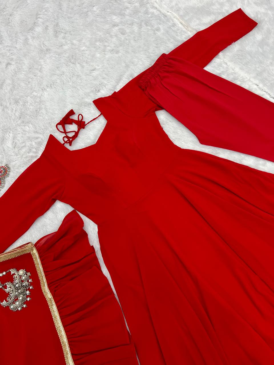 Trendy Red color lucknowi style kurta set for stylish look - Joshindia
