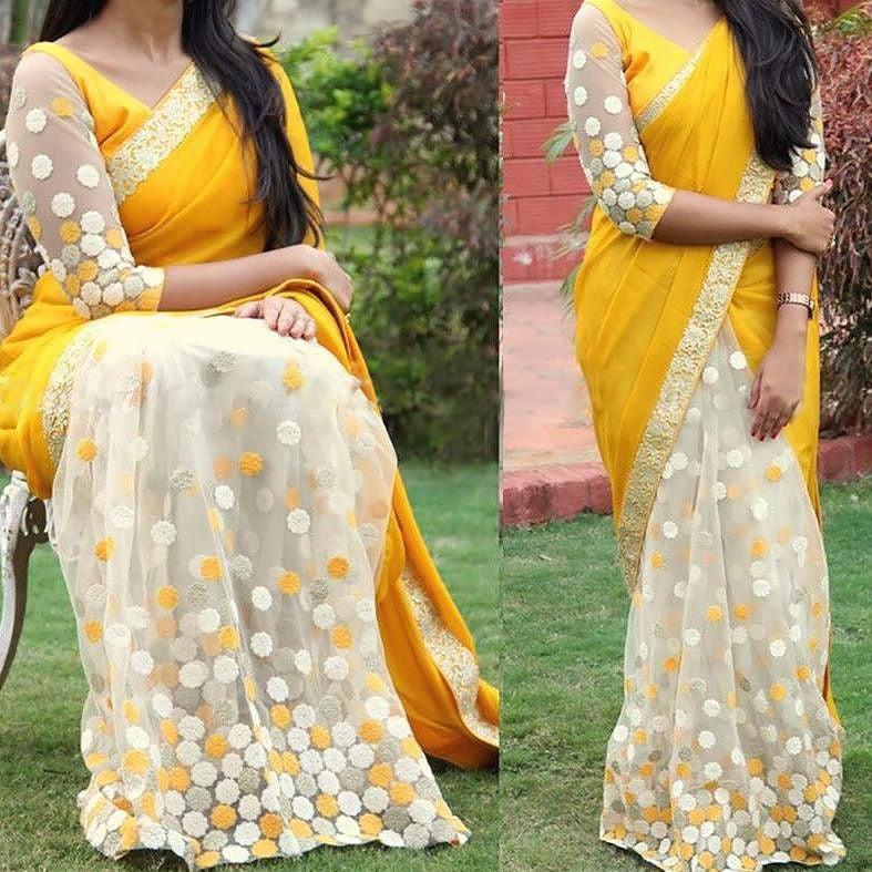 Yellow Fancy Thread Worked Designer Saree - Joshindia