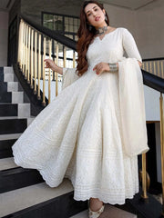 Beautiful Anarkali Chikan Sequnce  Gown With Dupatta - Joshindia