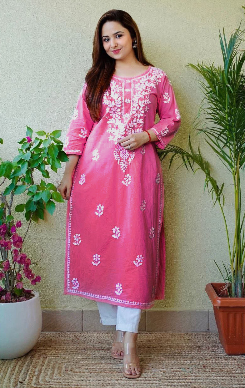 Beautiful Pink Color Lucknowi chikankari kurta set - Joshindia