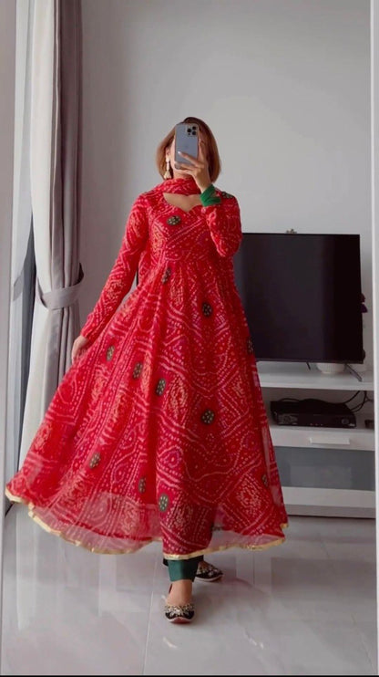 Red Color Bandhani Special Kurta Set Buy Online