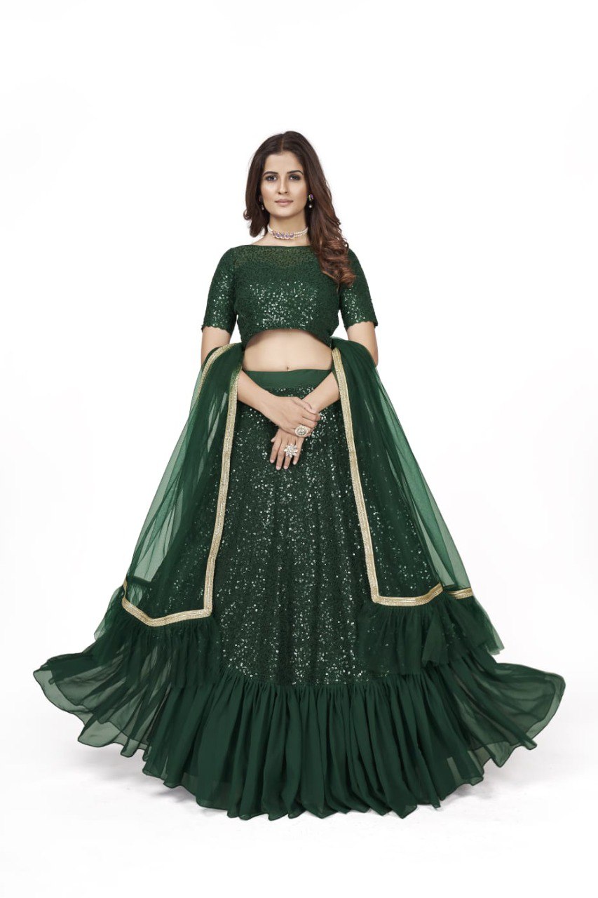 Gorgeous Green Color Sequins Ruffle Lehenga Choli - Joshindia