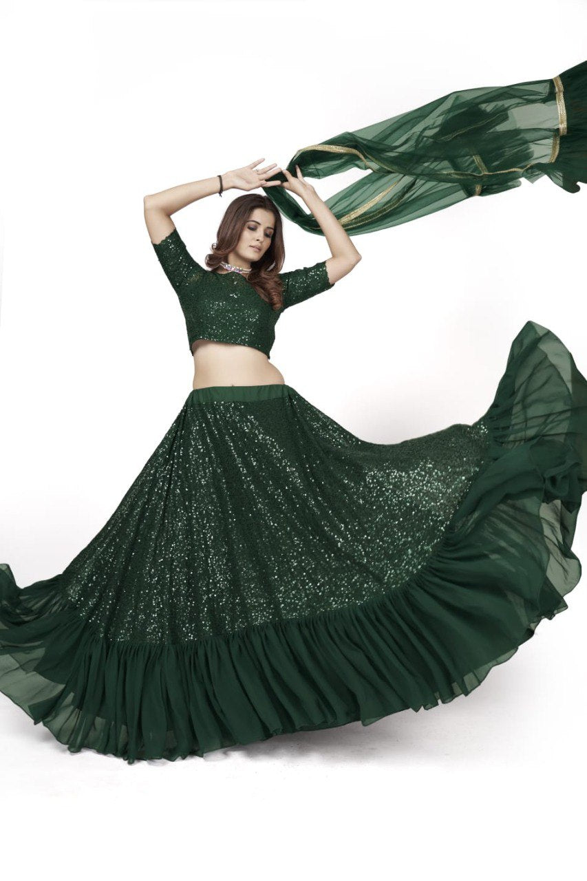 Gorgeous Green Color Sequins Ruffle Lehenga Choli - Joshindia
