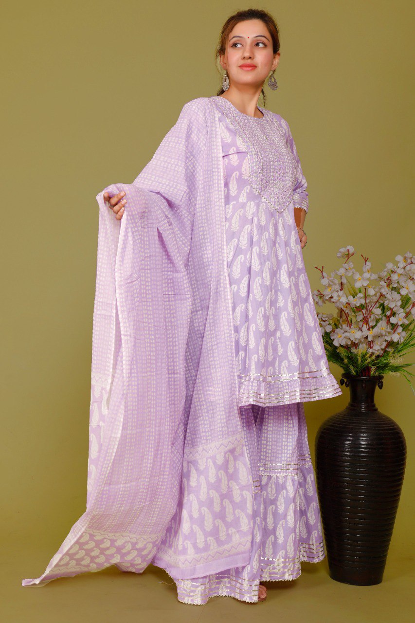 Lighr Purple Color Short anaarkali kurti with full flair sharara and dupatta - Joshindia