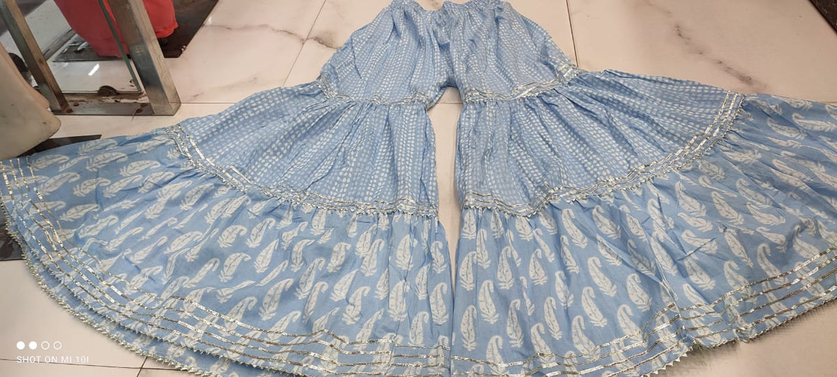 Light Blue Color Short anaarkali kurti with full flair sharara and dupatta - Joshindia