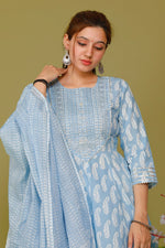 Light Blue Color Short anaarkali kurti with full flair sharara and dupatta - Joshindia