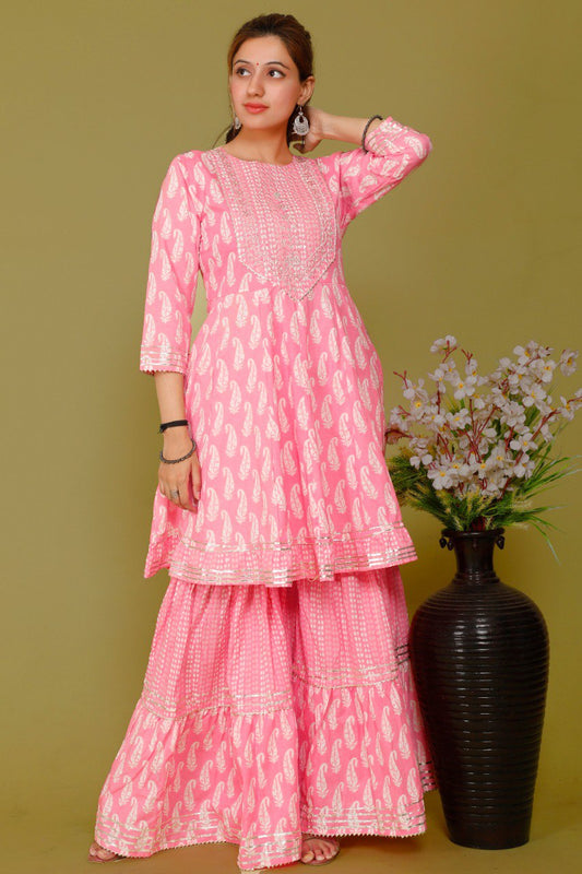 Light Pink Color Short anaarkali kurti with full flair sharara and dupatta