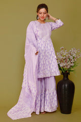 Lighr Purple Color Short anaarkali kurti with full flair sharara and dupatta - Joshindia