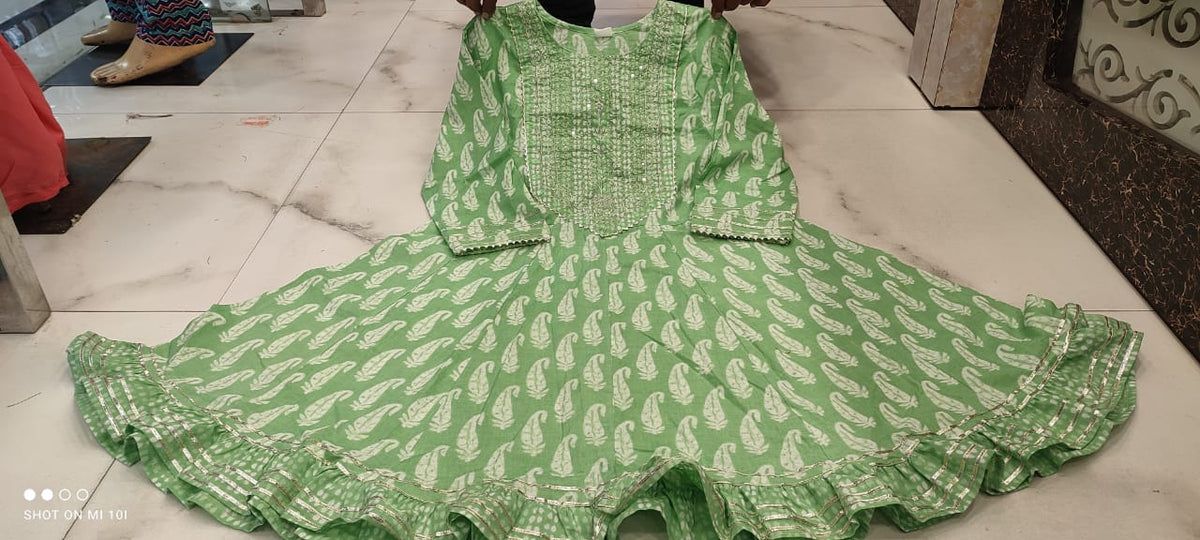 Light Pista Color Short anaarkali kurti with full flair sharara and dupatta - Joshindia