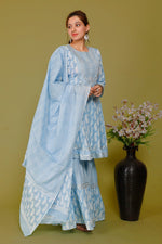 Light Blue Color Short anaarkali kurti with full flair sharara and dupatta - Joshindia